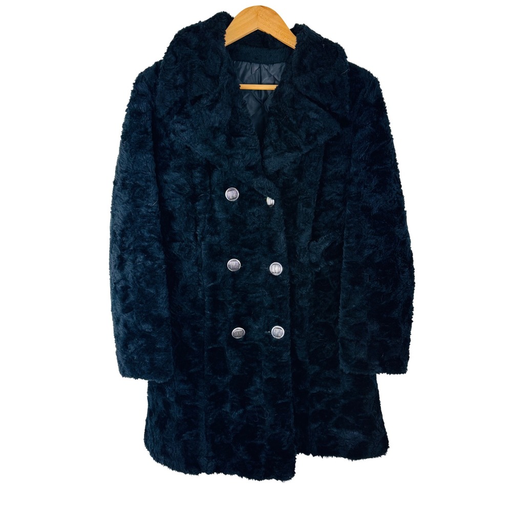 Vintage Black Faux Fur Coat Old Hollywood Glam Mob Wife Double Breasted 9/10